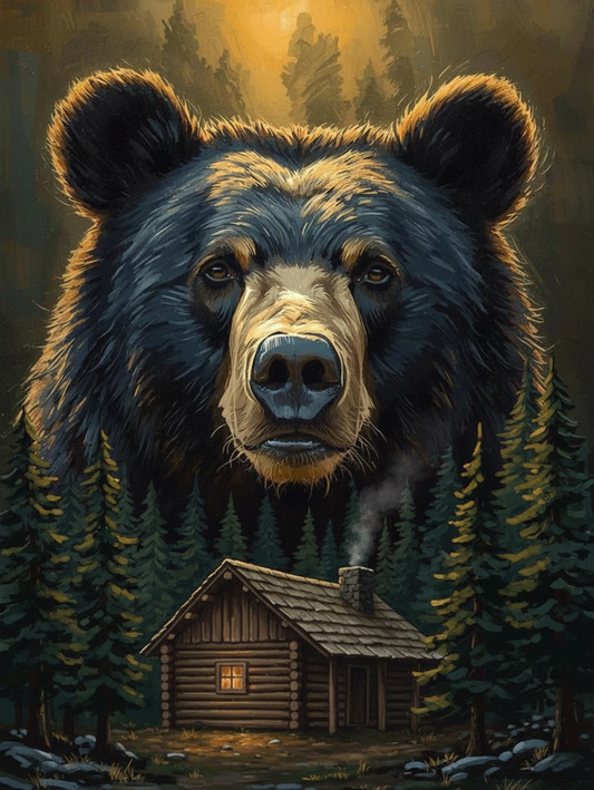 Paint By Number Sentinel Black Bear Watching Over Cabin in Forest – Majestic Wilderness Art Kit