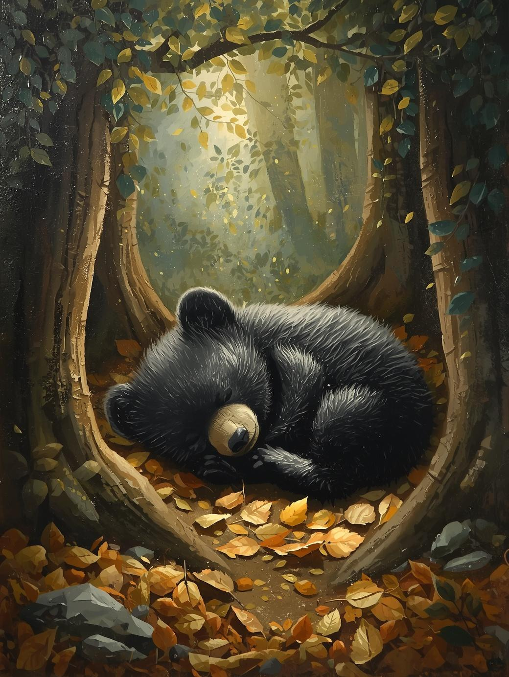 Paint By Number Sleeping Bear Cub in Forest – Adorable Wildlife Nature Art Kit