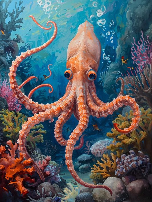 Paint By Number Squid Gliding in Deep Blue Water – Whimsical Underwater Art