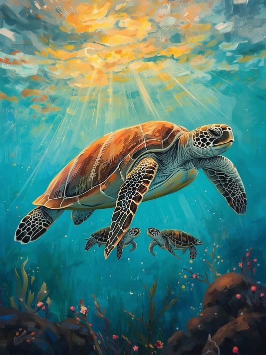 Paint By Number Storybook Mother Turtle with Hatchlings – Ocean Wildlife Painting