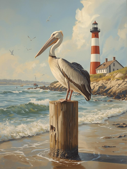 Paint By Number Storybook Pelican Near Lighthouse – Charming Seaside Painting