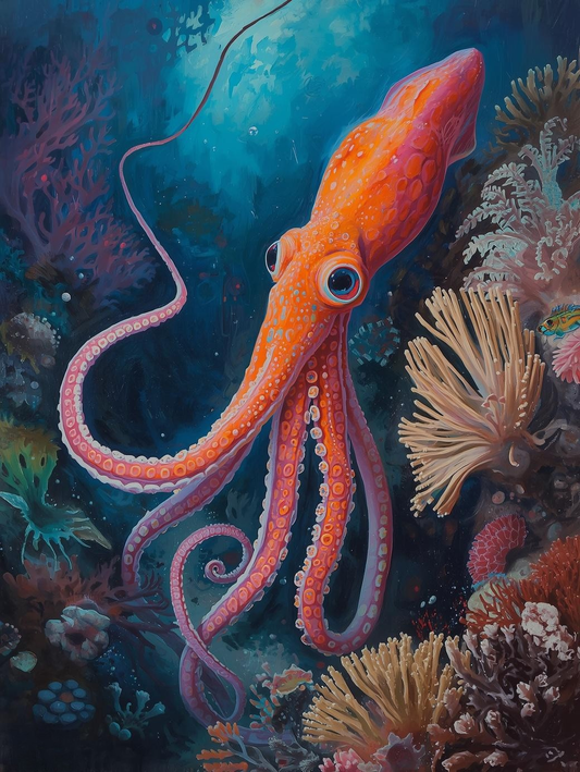 Paint By Number Storybook Squid Near Coral Reef – Painterly Ocean Scene