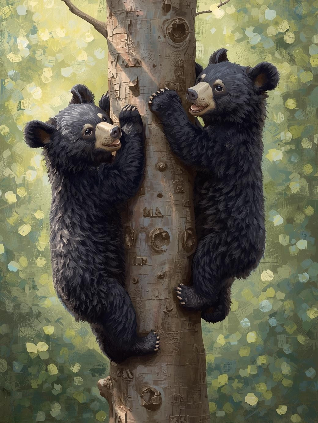 Paint By Number Tender Moment Bear Cubs Climbing Together in Forest – Sweet Wildlife Art Kit