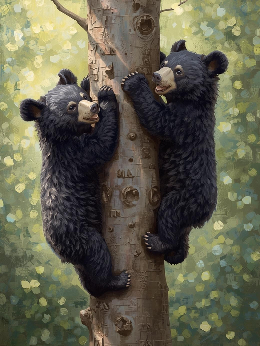 Paint By Number Tender Moment Bear Cubs Climbing Together in Forest – Sweet Wildlife Art Kit