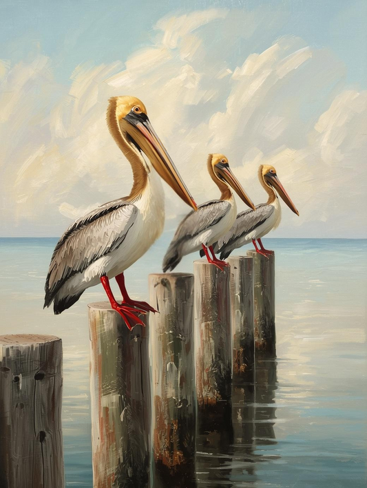 Paint By Number Three Pelicans on Posts – Charming Coastal Storybook Art