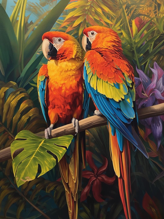 Paint by Number Tropical Parrot Couple with Bright Feathers – Exotic Bird DIY Paint Kit for Adults