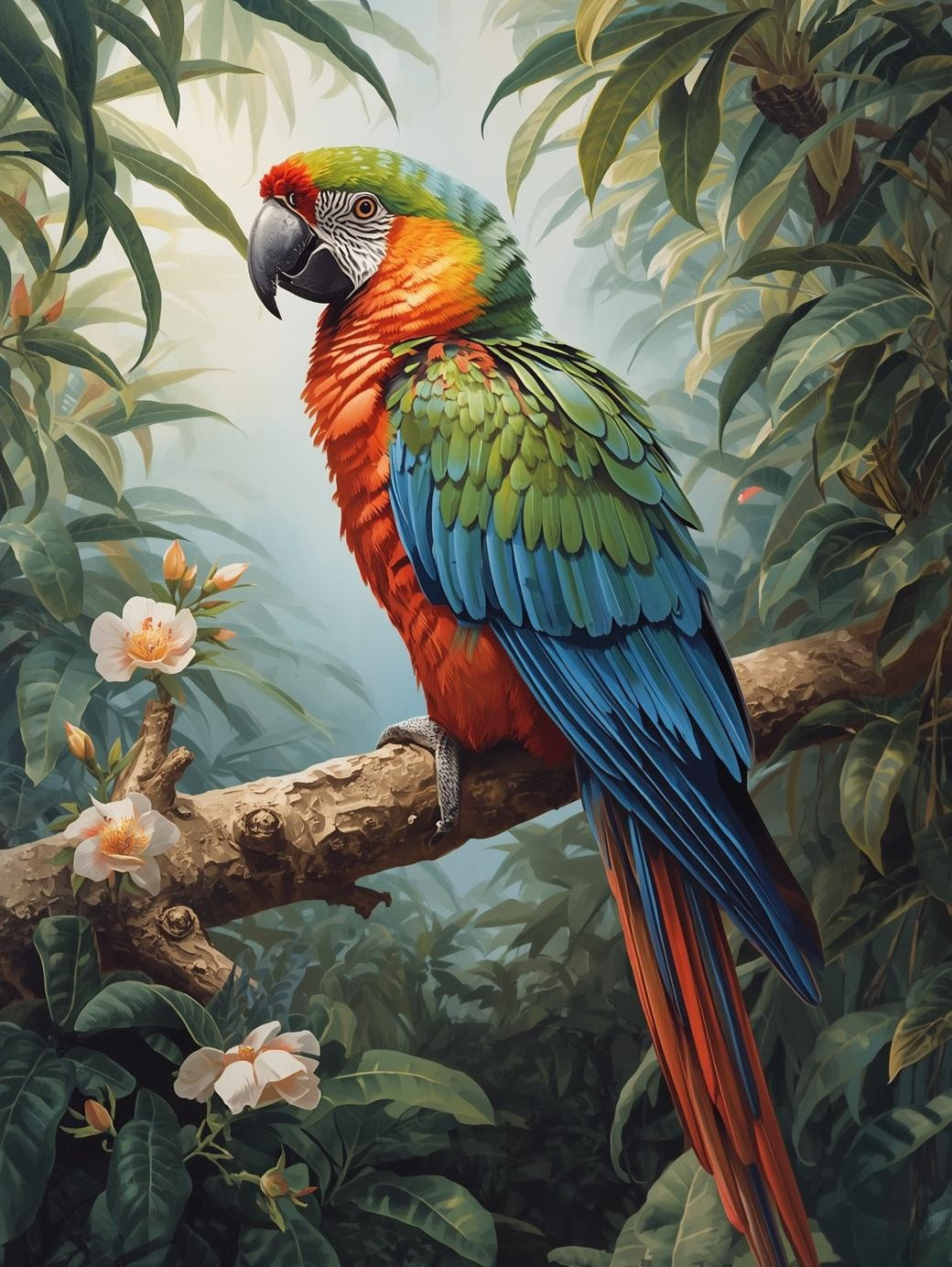 Paint by Number Tropical Parrot with Lush Green Leaves – Vibrant Jungle Canvas Paint by Number Kit