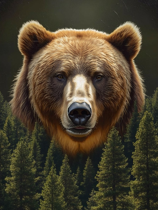 Paint By Number Watchful Brown Bear Face Over Pine Forest – Majestic Woodland Guardian Art Kit