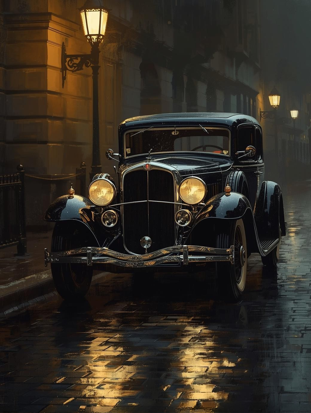 Paint by Number 1930s Gangster Car on Cobblestone Street – Vintage Noir Scene Paint by Number Canvas Kit