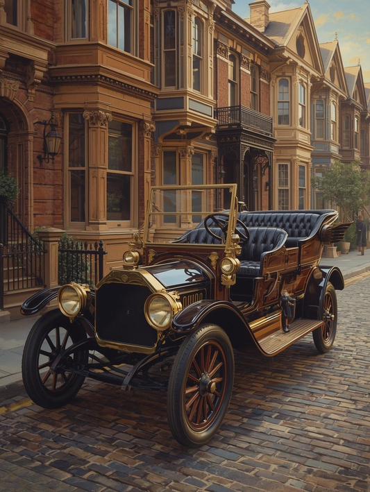 Paint by Number Antique Car in Victorian Village – Cozy European Scene Canvas DIY Kit for Adults