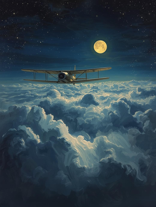 Paint by Number Biplane Over Moonlit Clouds – Soft Night Aviation Wall Art Canvas DIY Kit for Adults