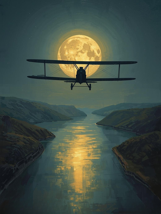Paint by Number Biplane Flying Past Full Moon – Dreamy Night Aviation Wall Art Canvas DIY Kit for Adults