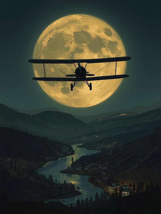 Paint by Number Biplane Silhouette Across Full Moon – Night Sky Aviation Wall Art Canvas DIY Kit for Adults