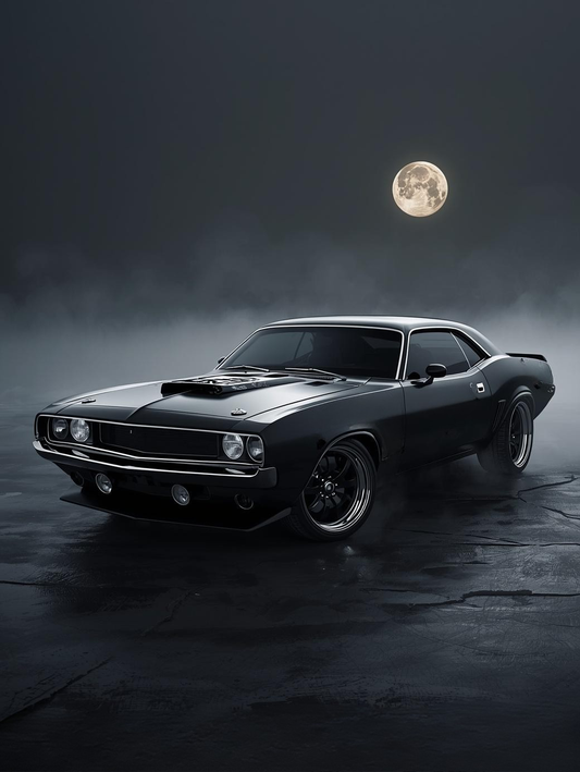 Paint by Number Black Muscle Car in Moonlit Mist – Dark Performance Canvas DIY Kit for Adults