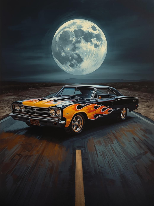 Paint by Number Muscle Car Under Full Moon – Bold Night Drive DIY Paint Kit for Adults