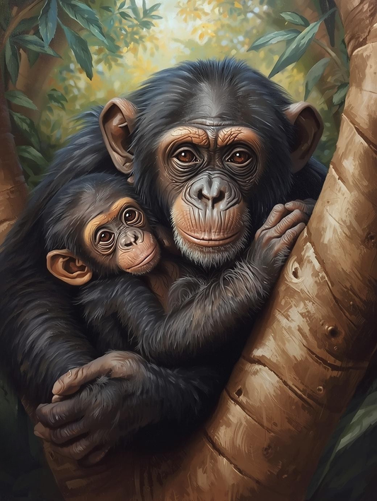 Paint By Number Loving Chimpanzee Mother Holding Baby – Sweet Jungle Wildlife Painting Kit