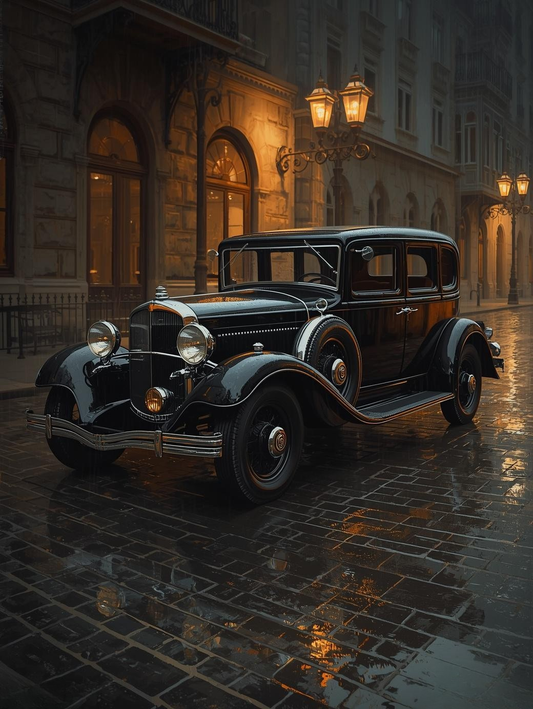 Paint by Number 1930s Car in Rainy Night – Noir Street Scene Canvas DIY Kit for Adults