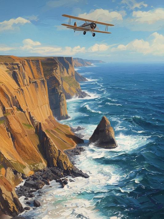 Paint by Number Aircraft Over Coastal Cliffs – Scenic Ocean Aviation Wall Art Canvas DIY Kit for Adults
