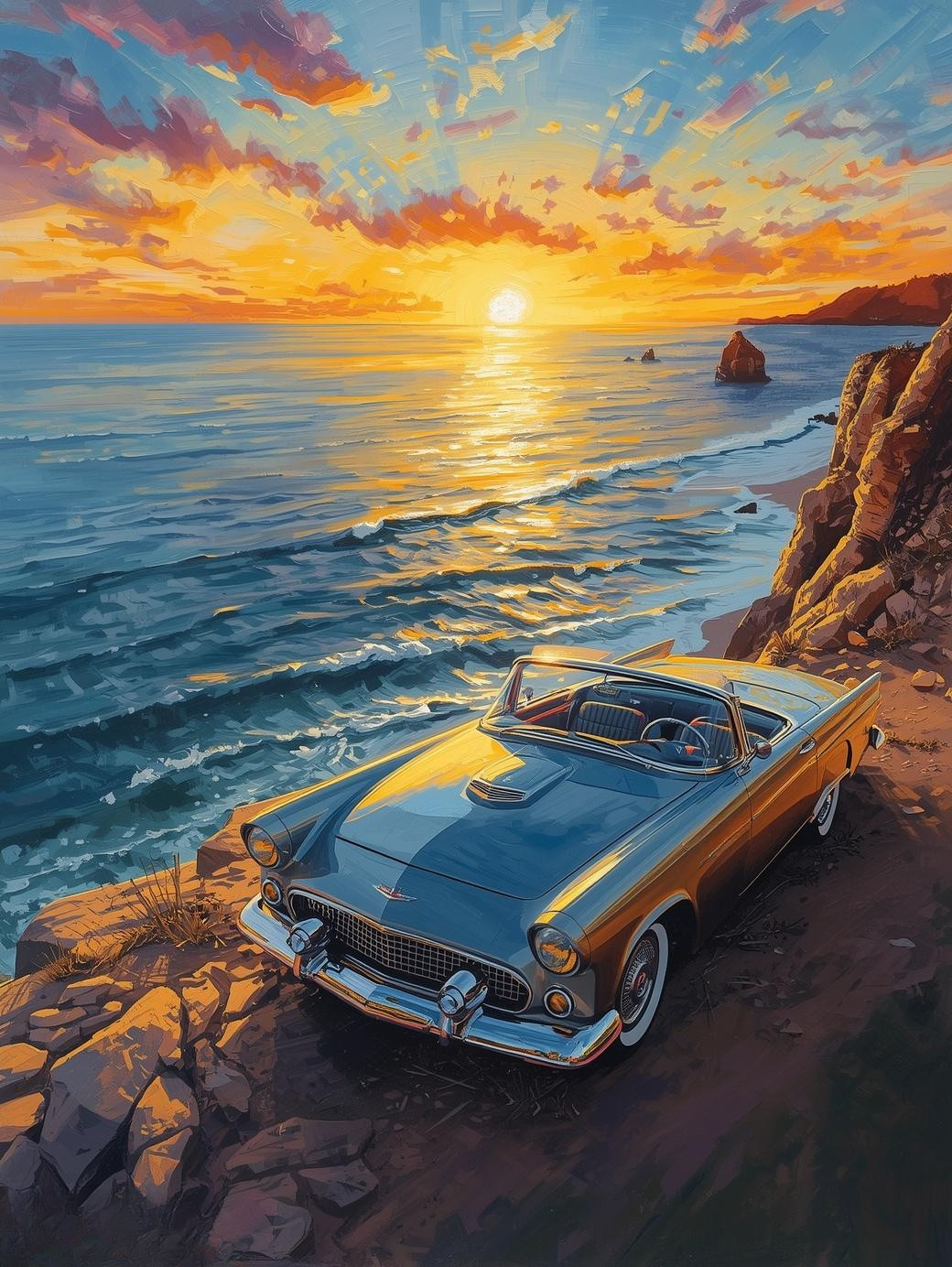 Paint by Number Classic Car Over Ocean Sunset – Coastal Drive Canvas DIY Kit for Adults