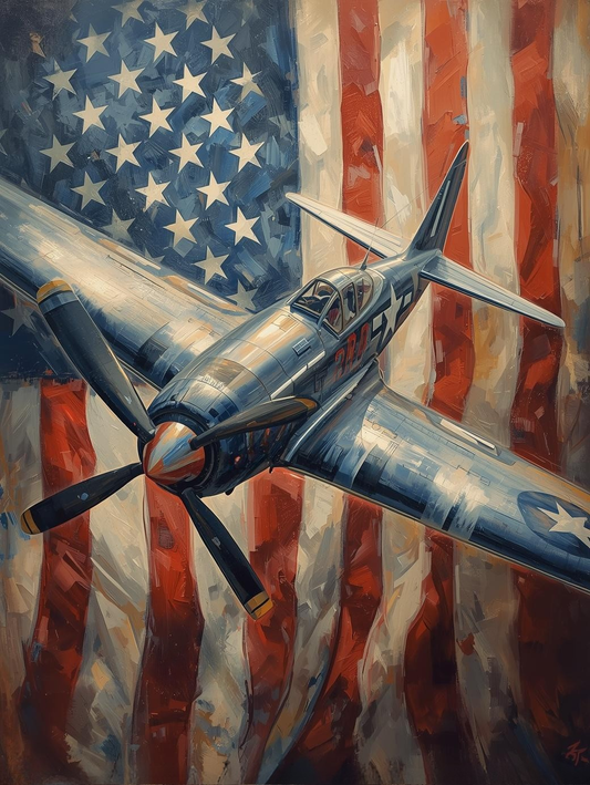 Paint by Number Classic Fighter Aircraft Flying Past a Bold American Flag