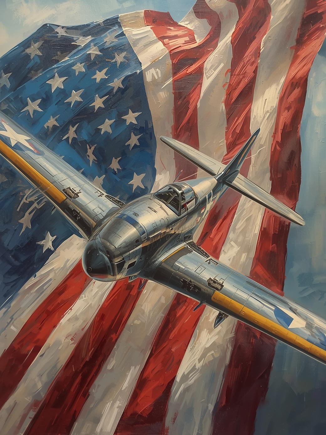 Paint by Number WWII Fighter Aircraft with Patriotic Flag – Classic Aviation Wall Art Canvas DIY Kit for Adults