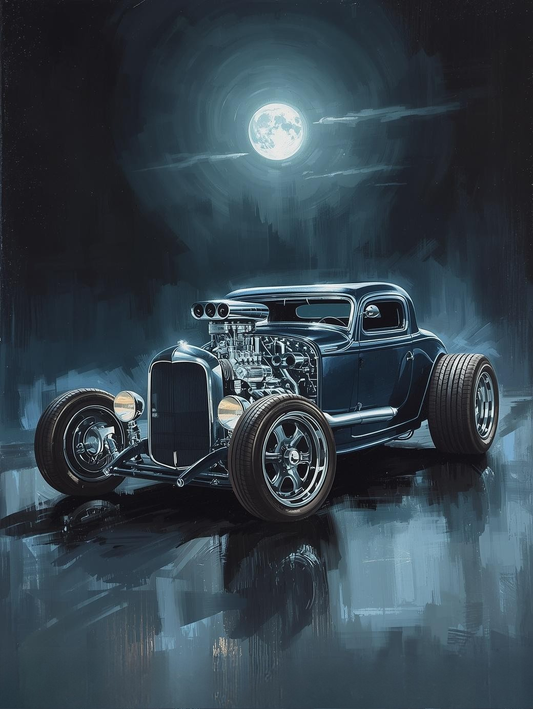 Paint by Number Hot Rod with Chrome Shine in Moonlight – Sleek Car Acrylic Paint by Number Ki