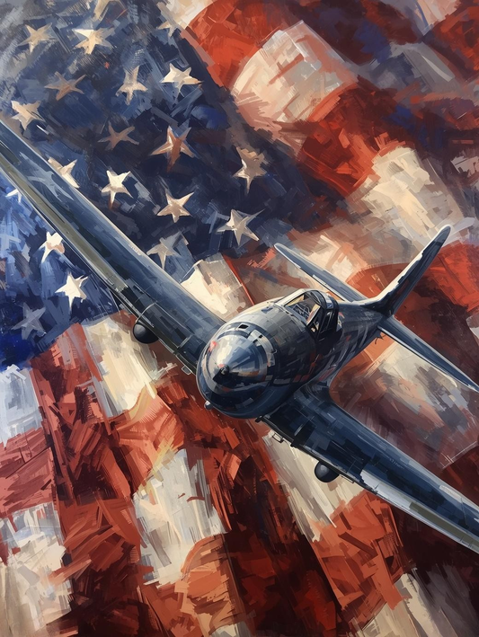 Paint by Number Detailed Fighter Plane with a Dramatic American Flag Background