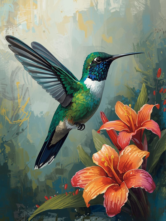 Paint by Number Emerald Hummingbird Garden Scene – Bright Floral Acrylic Paint by Number Kit