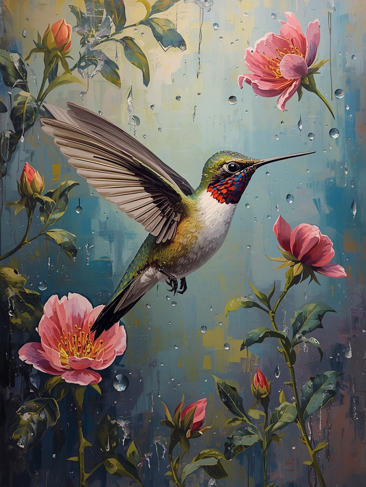 Paint By Number Emerald Hummingbird in a Flower Garden – Adult DIY Canvas Kit, Lush Garden & Wildlife Painting, Colorful Nature Scene