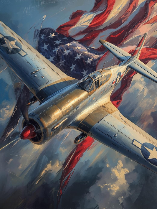 Paint by Number Fighter Plane in Front of a Waving American Flag