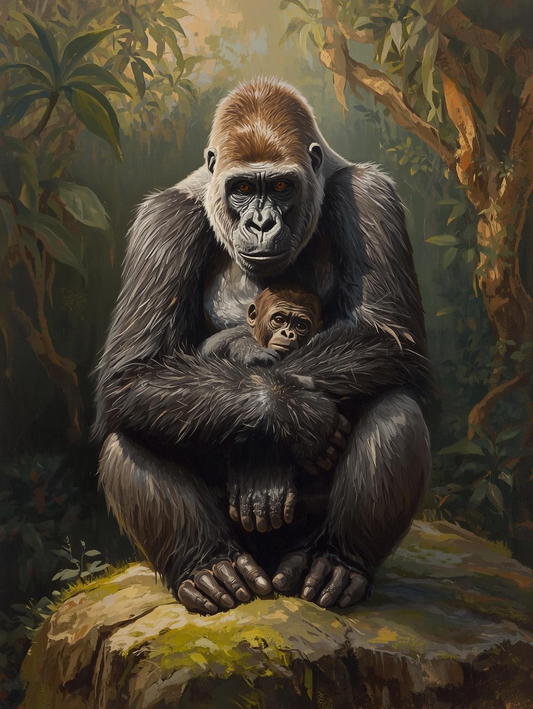 Paint By Number Tender Gorilla Mother Holding Baby – Heartwarming Jungle Wildlife Art Kit