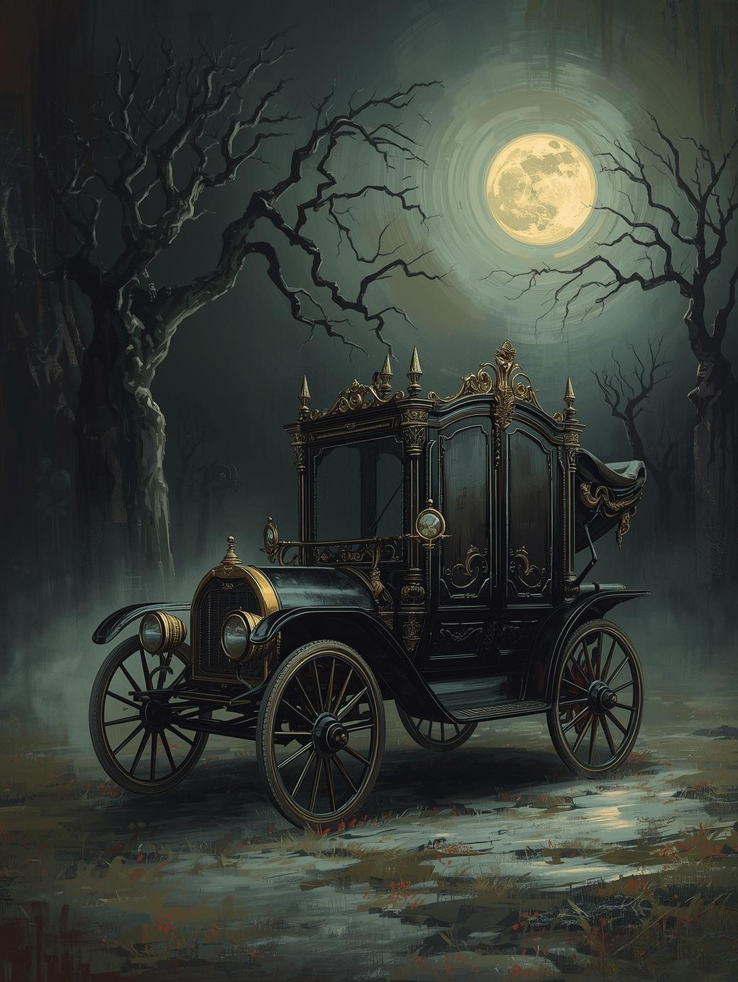 Paint by Number Gothic Hearse in Foggy Graveyard – Dark Halloween Style DIY Paint Kit for Adults