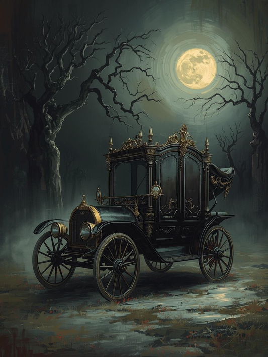 Paint by Number Gothic Hearse in Foggy Graveyard – Dark Halloween Style DIY Paint Kit for Adults