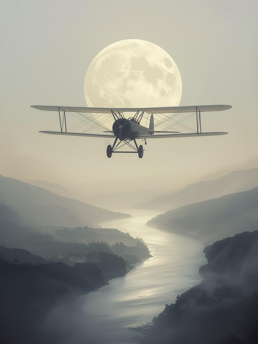 Paint by Number Moonlit Biplane Over Misty Valley – Dreamy Aviation Wall Art Canvas DIY Kit for Adults