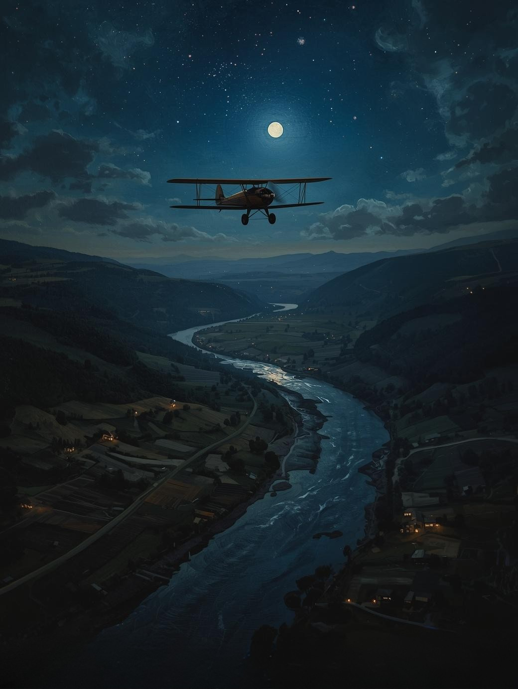 Paint by Number Night Flight Over River Valley – Peaceful Aviation Wall Art Canvas DIY Kit for Adults