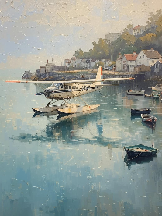 Paint by Number Seaside Harbor with Vintage Seaplane – Coastal Aviation Wall Art Canvas DIY Kit for Adults