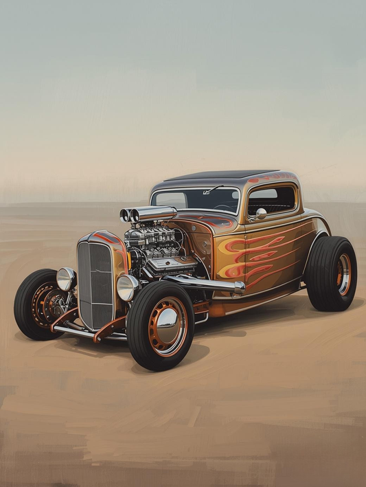 Paint by Number Hot Rod in Desert Tones – Minimalist Classic Car Canvas DIY Kit for Adults