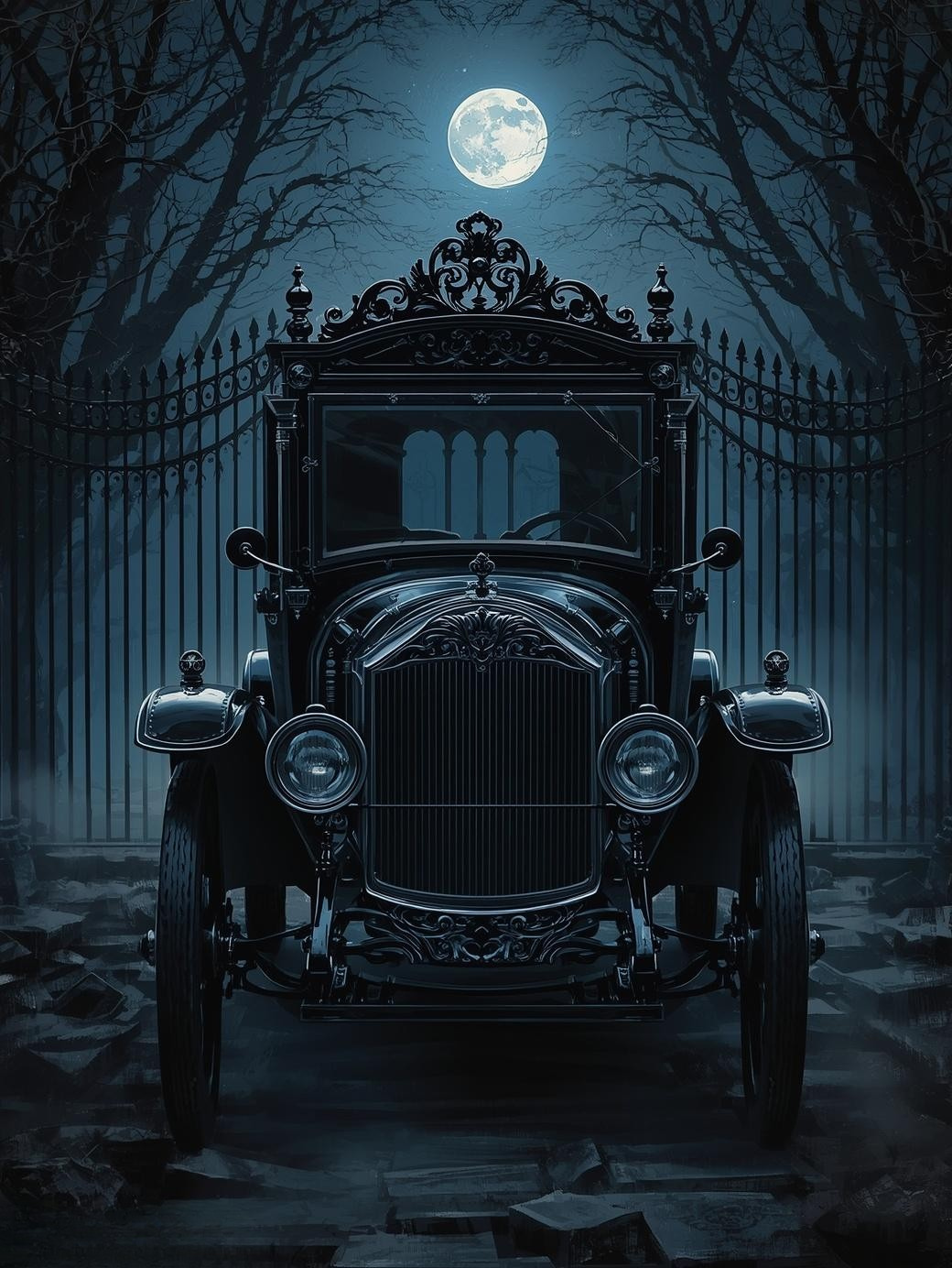 Paint by Number Stylized Victorian Hearse in Moonlight – Dark Gothic Canvas DIY Kit for Adults