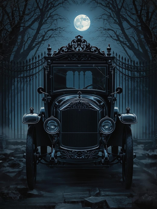 Paint by Number Stylized Victorian Hearse in Moonlight – Dark Gothic Canvas DIY Kit for Adults