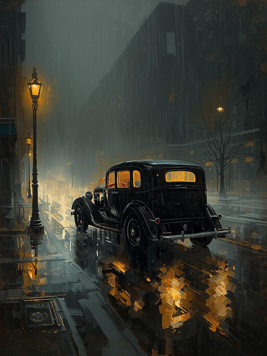 Paint by Number 1930s Black Sedan in Misty Night Streets – Noir City Scene Paint by Number Canvas Kit