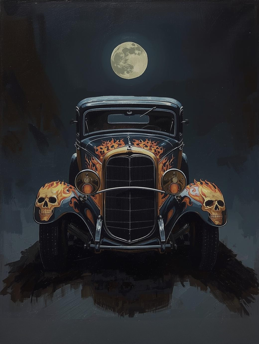 Paint by Number 1930s Gangster Car with Skull Flames – Dark Vintage Muscle Wall Art DIY Paint Kit for Adults