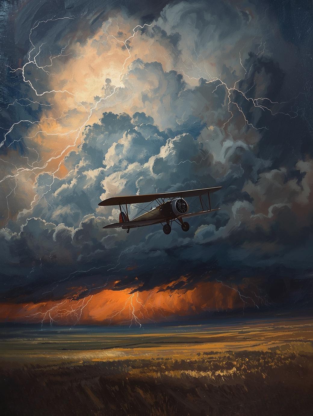 Paint by Number Vintage Airplane Beneath Lightning Storm – Intense Aviation Wall Art Canvas DIY Kit for Adults
