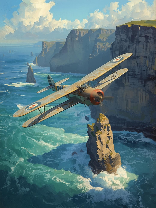 Paint by Number Vintage Airplane Along Ocean Cliffs – Coastal Aviation Wall Art Canvas DIY Kit for Adults