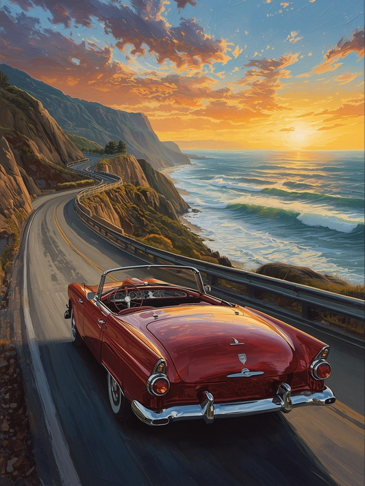 Paint by Number Convertible on Coastal Highway – Scenic Ocean Drive Wall Art Canvas DIY Kit for Adults