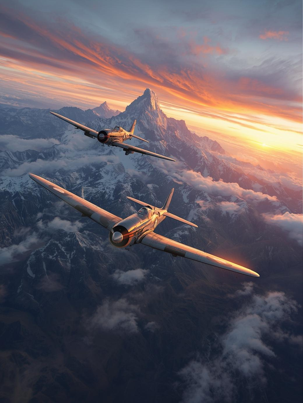 Paint by Number Vintage Fighter Planes Over Mountain Sunrise – Scenic Aviation Wall Art Canvas DIY Kit for Adults