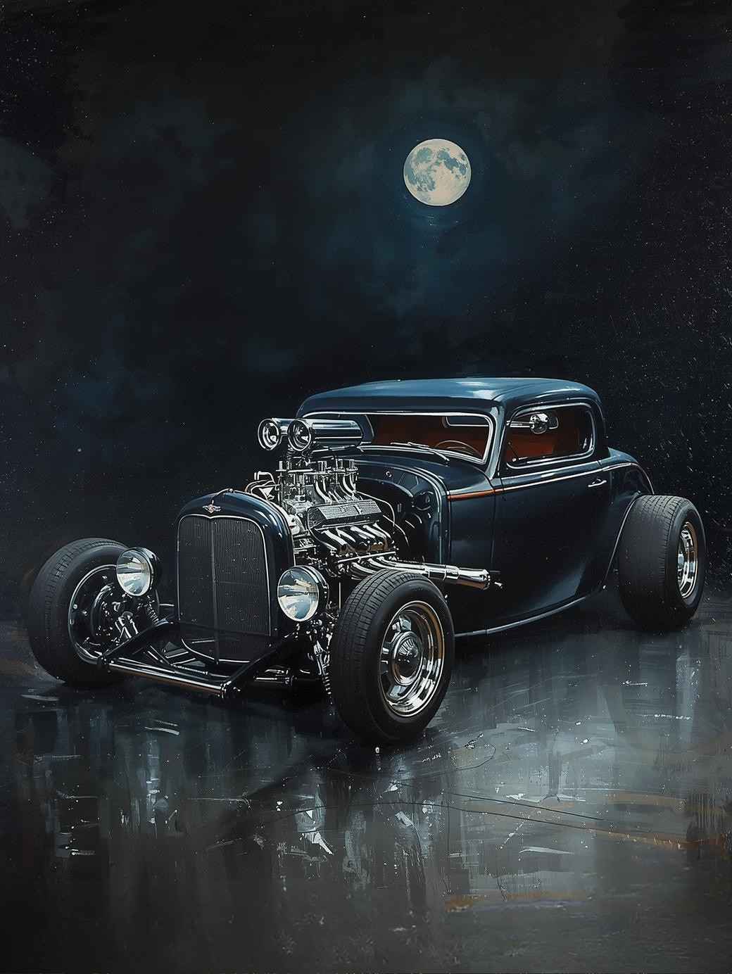 Paint by Number Hot Rod with Chrome in Moonlight – Classic Night Car Wall Art Canvas DIY Kit for Adults