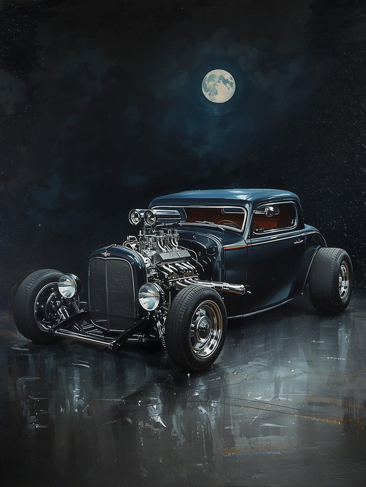 Paint by Number Hot Rod with Chrome in Moonlight – Classic Night Car Wall Art Canvas DIY Kit for Adults