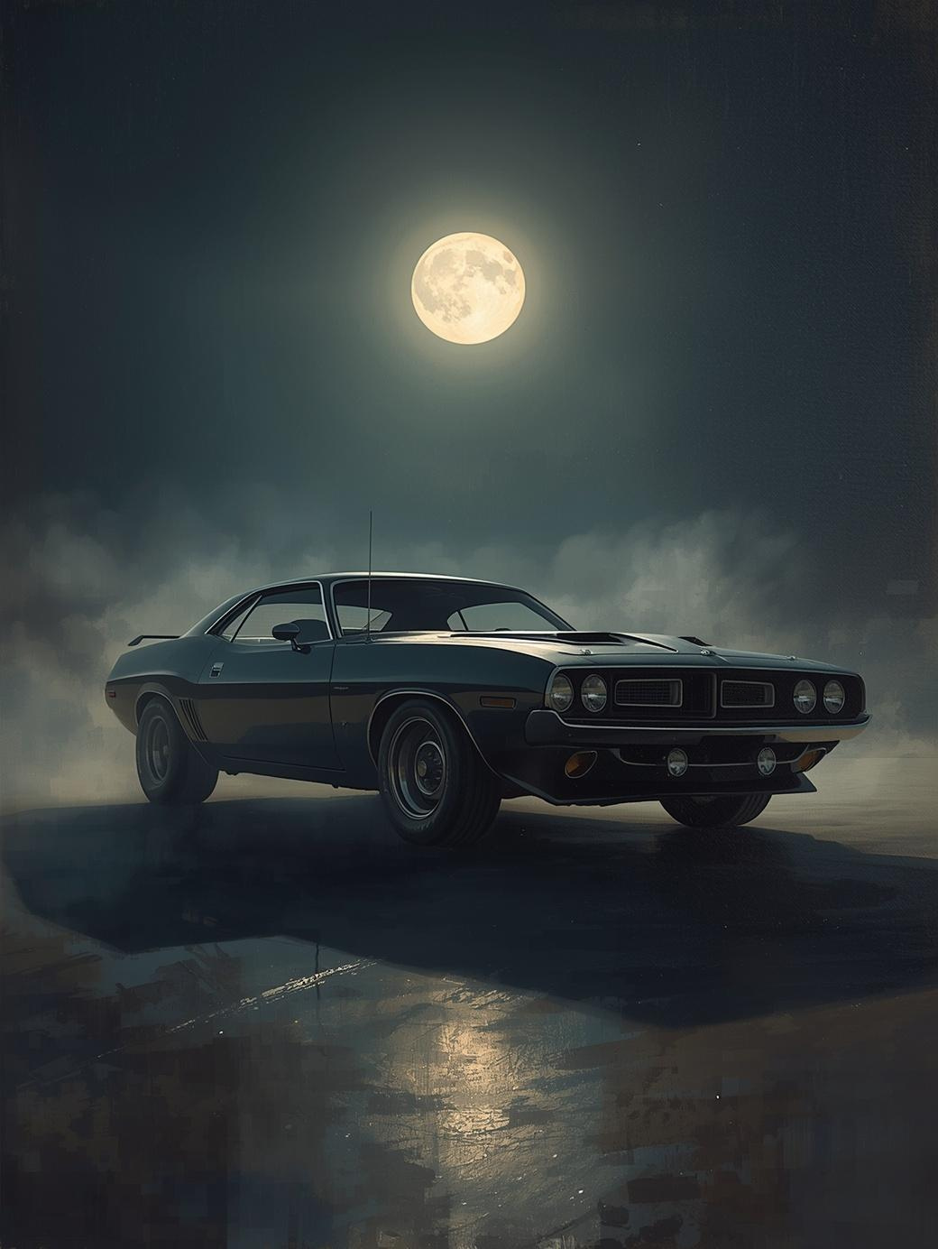 Paint by Number Muscle Car in Moonlit Mist – Night Drive Wall Art Canvas DIY Kit for Adults