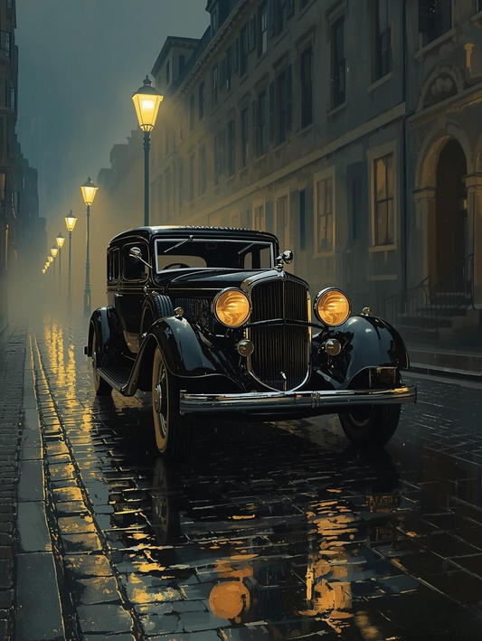 Paint by Number Noir Sedan with Street Lamp Glow – Moody City Wall Art Canvas DIY Kit for Adults