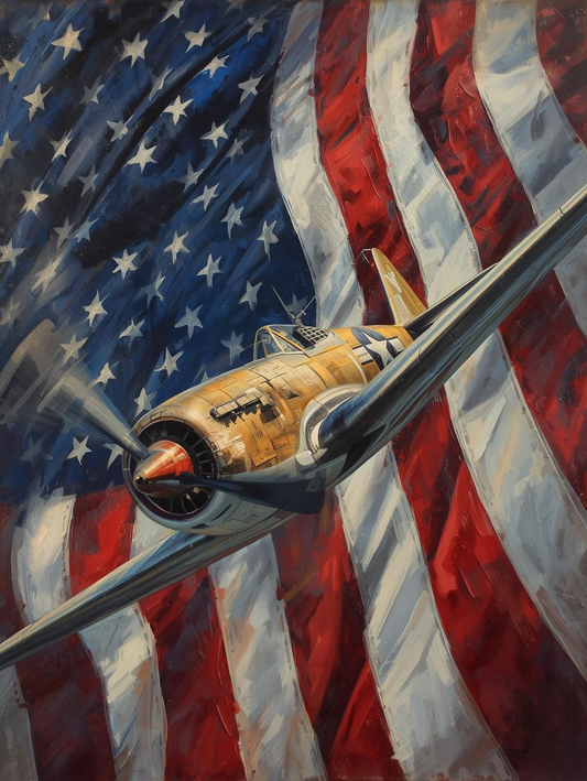 Paint by Number WWII Airplane Before Patriotic Flag – Bold Aviation Wall Art Canvas DIY Kit for Adults